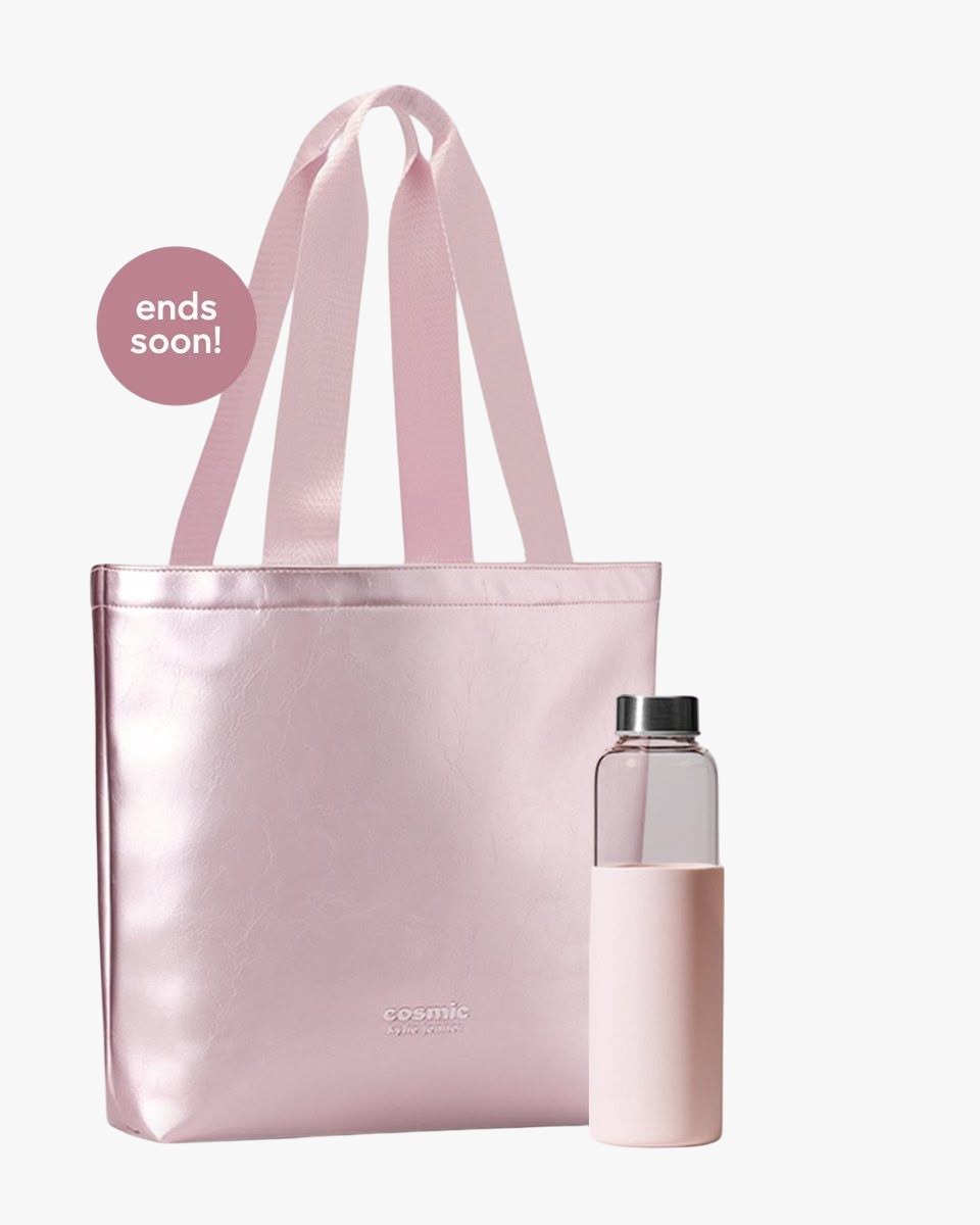 Kylie Cosmetics Metallic Pink Tote & Glass Water Bottle